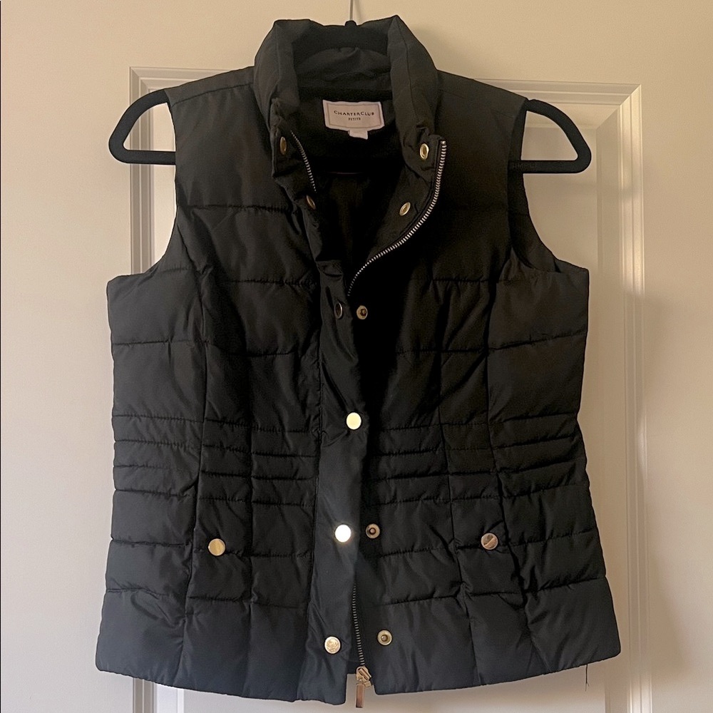 Charter Club Black Quilted Vest with Gold Buttons